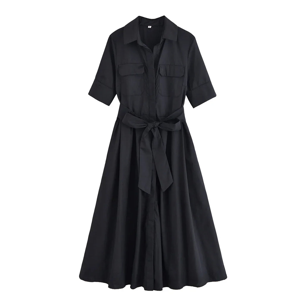 Women's Lapel Shirt Midi Dress with Belt