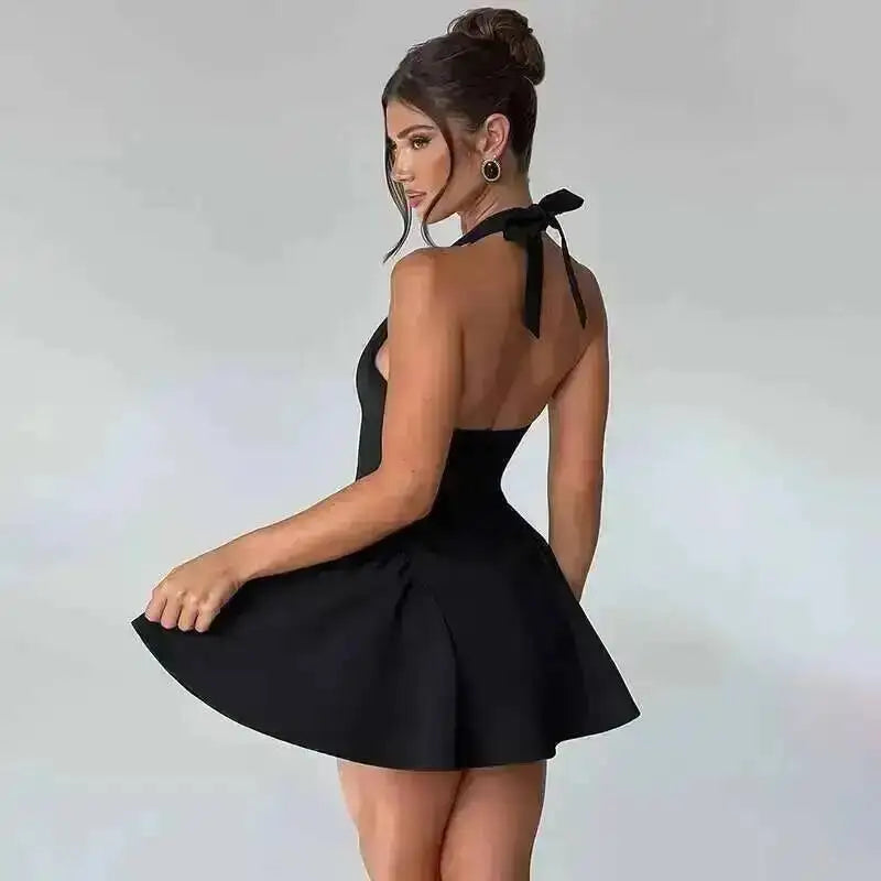 Women's Dress - Waist Wrap Halter Backless Pleated Mini Dress