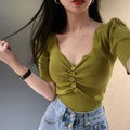 V-Neck Button Front Knit Top Puff Sleeve Short Cropped