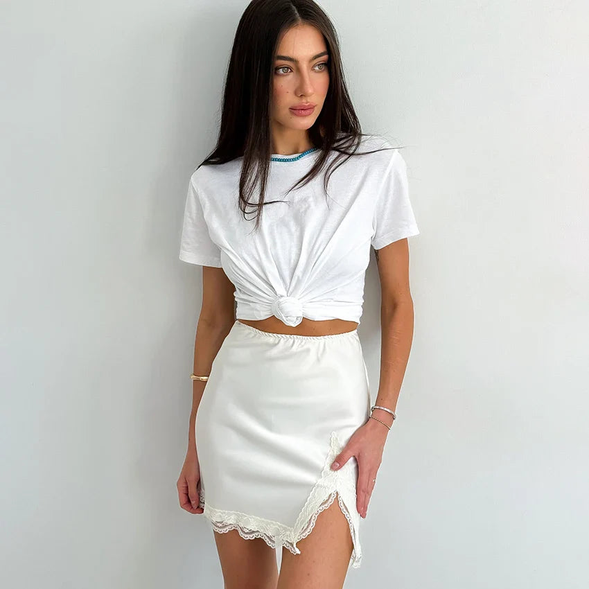 Linad Elegant Satin Embroidery Pencil Skirts Summer Sexy High Waist Split Mini Skirts For Women Fashion Slim Skirt Female 2026