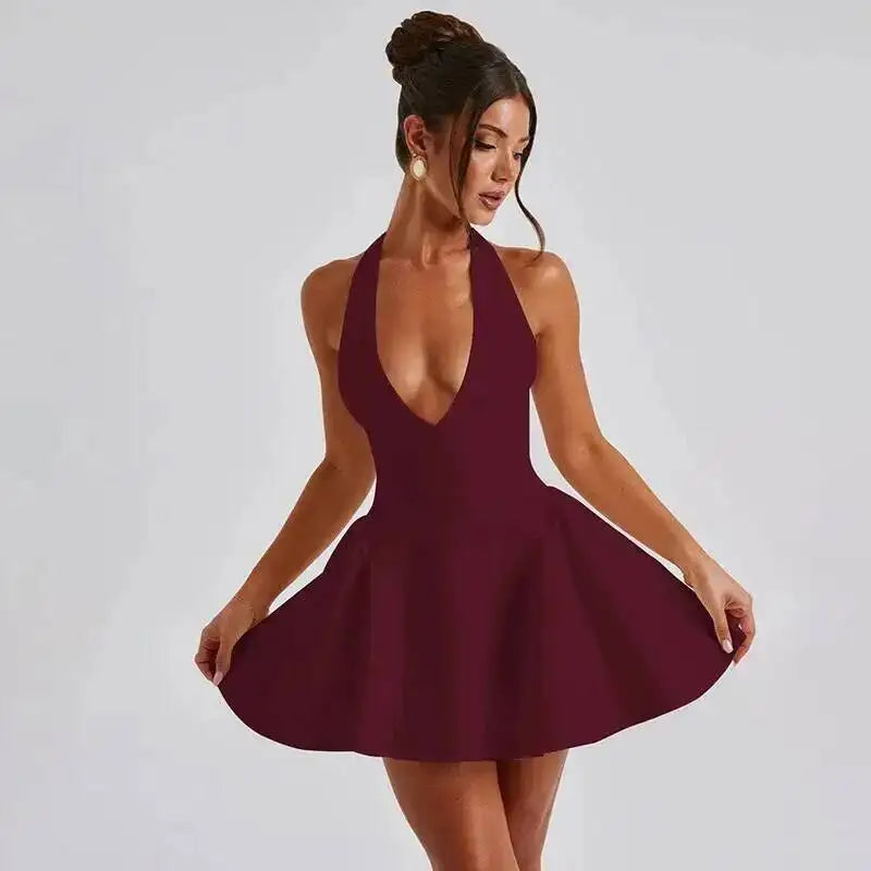 Women's Dress - Waist Wrap Halter Backless Pleated Mini Dress