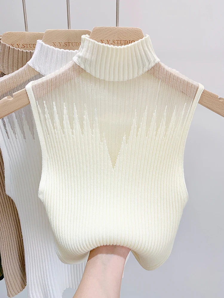 Mesh Knit Half Neck Cut Out Sleeveless Tube Top