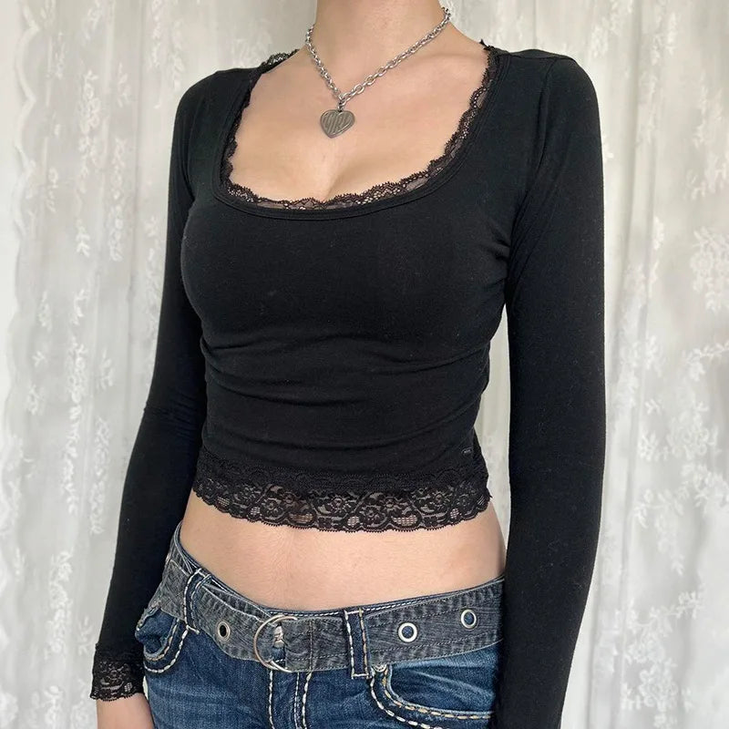 Y2K Fairy Graphic Lace Trim Long Sleeve Tee