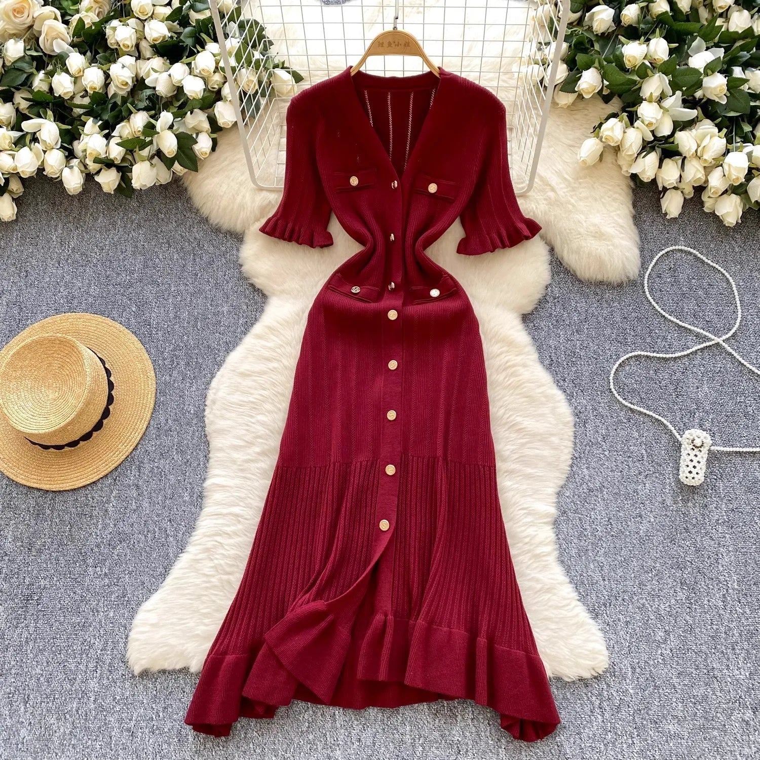 V-Neck Button Ruffle Knit Midi Sweater Dress