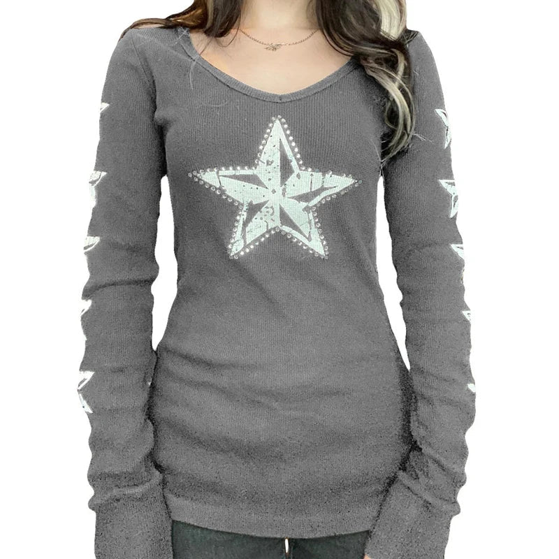 Goth Thermal T-shirt Skulls Graphic Print Long Sleeve Pullovers Tops Women 90s Vintage Aesthetic Tees