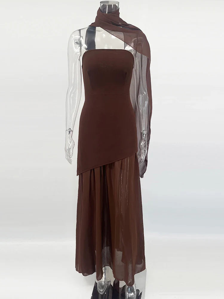Strapless Mesh Maxi Dress Sleeveless Ribbon Patchwork Beach Vacation