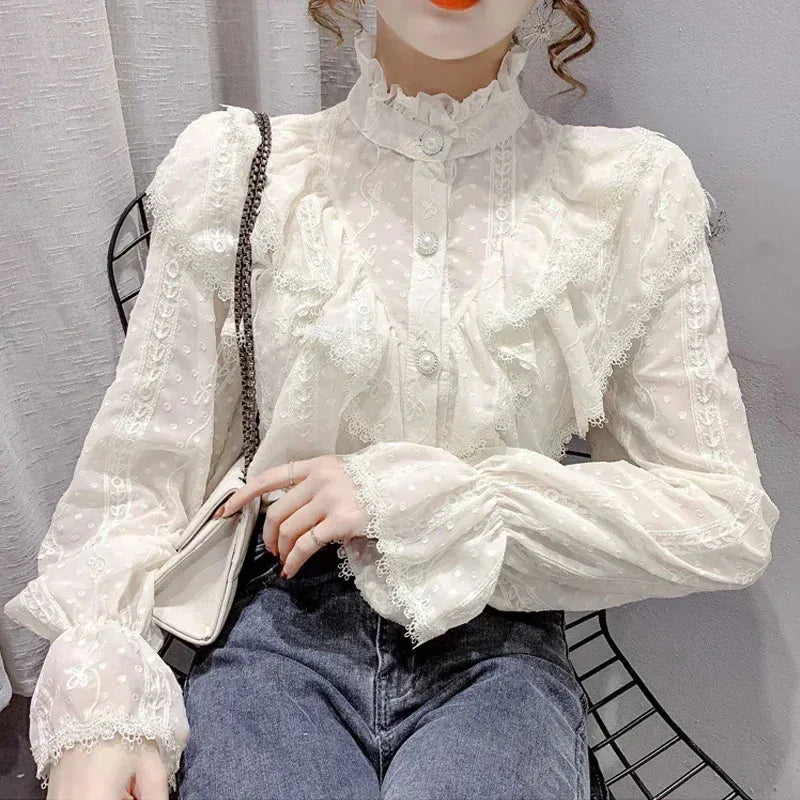 Elegant Stand Collar Pleated Tops Casual Ruffle Lace Blouse