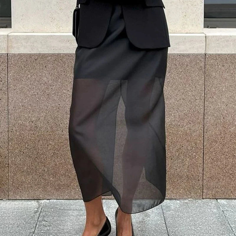 Tornova Black Mesh Skirts For Women Double-layer Design Sexy Perspective High Waist Slit Hip Skirt Female Thin Loose New Summer