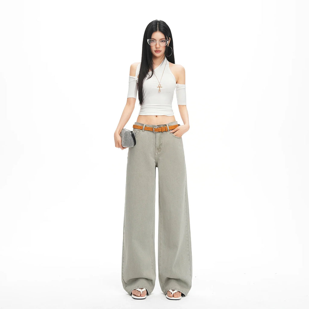 Y2K Vintage Wide Leg Jeans Women High Waist Zipper Pockets Streetwear Denim