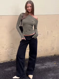 Striped Off Shoulder T-Shirt Women Long Sleeve Slim Fit Top