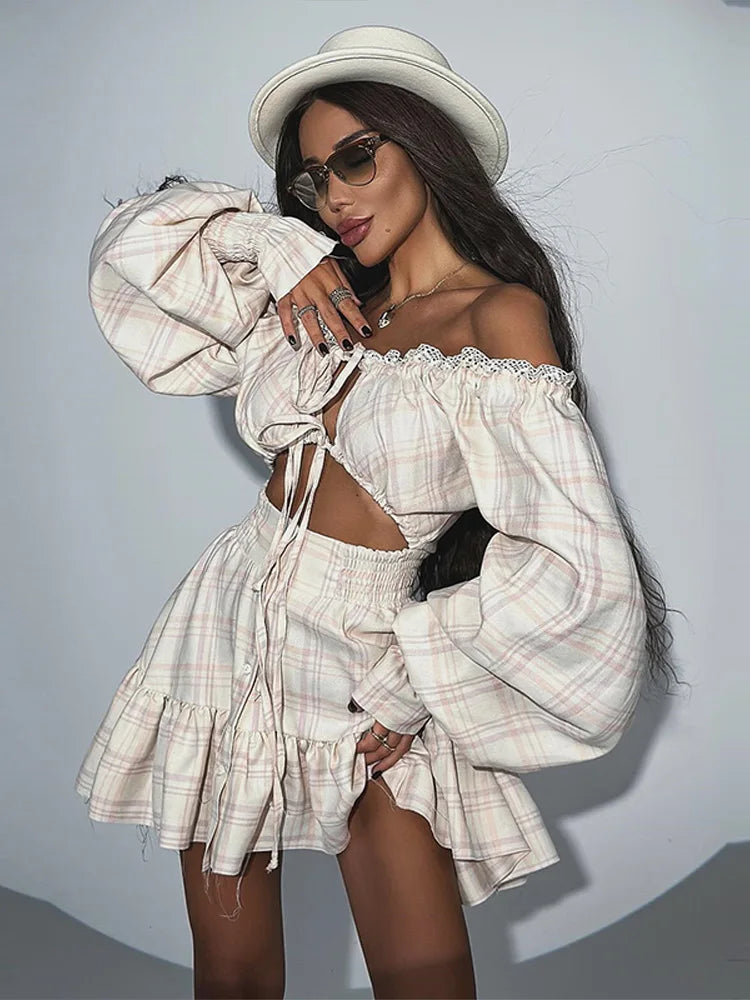 Off-Shoulder Lace-Up Lantern Sleeve Printed Mini Dress