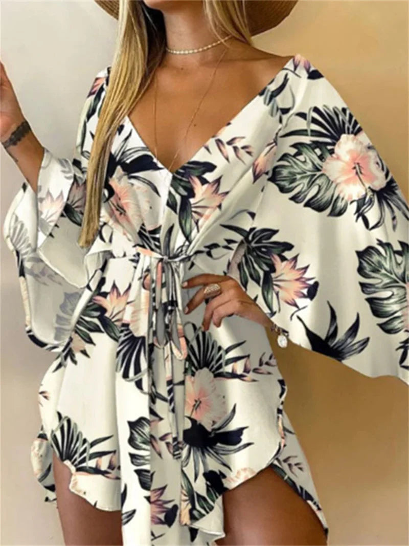 Floral Print V-Neck Batwing Sleeve Loose Mini Dress