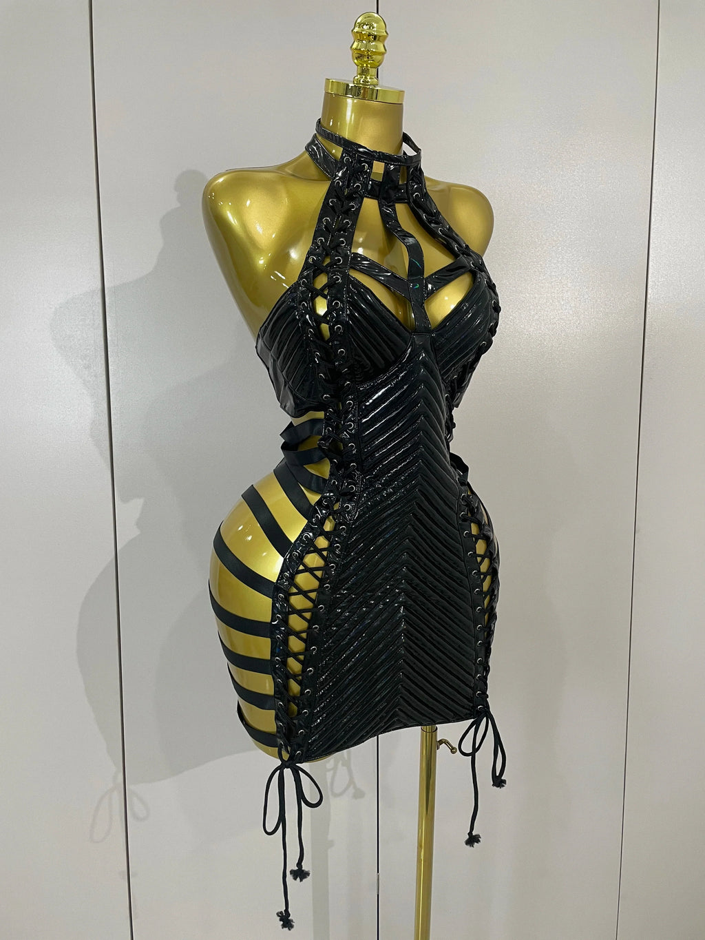 Women's Gothic Leather Bandage Halter Dress