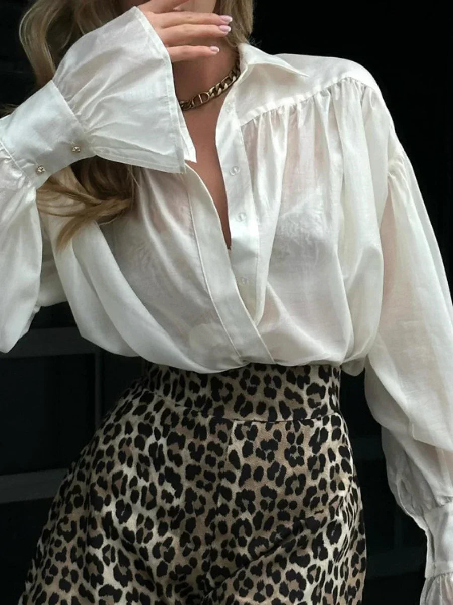 Turn-Down Collar Chiffon Shirt Long Sleeve Loose Fit Blouse