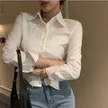 Long Sleeve Crop Chiffon Blouse | Women's Korean Office Button Lapel Top