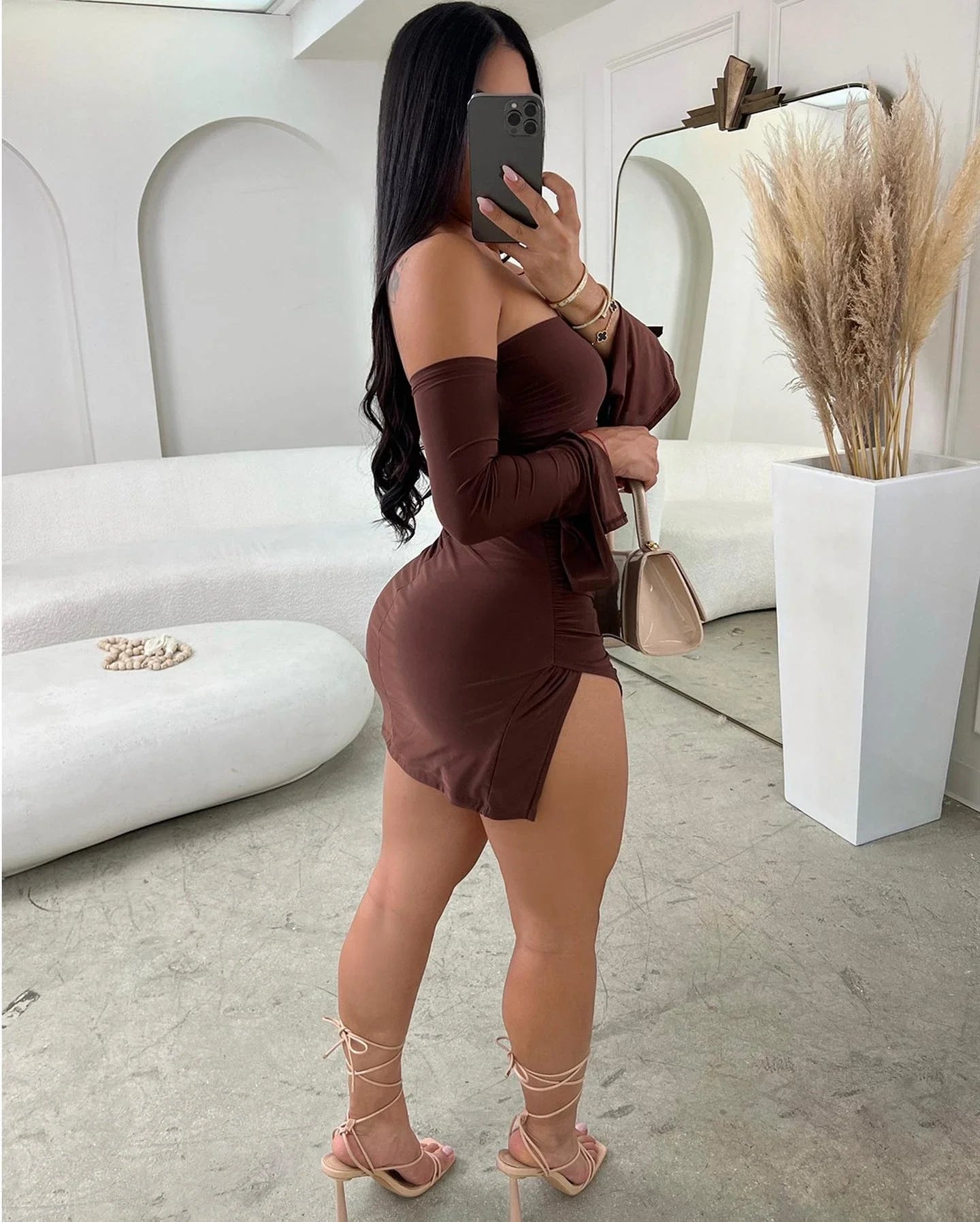 Strapless Backless Mini Dress Women Off Shoulder Long Sleeve Bodycon Club Party