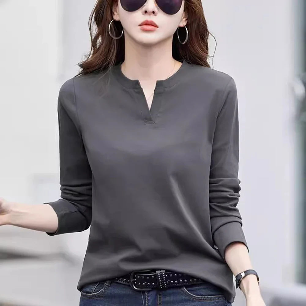 Women's V-Neck Cotton Long-Sleeve T-Shirt