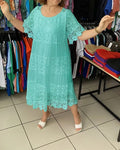 Women Midi Dress Lace Patchwork Round Neck Short Sleeves Hollow Out Flower Embroidery Pleated Party Dress