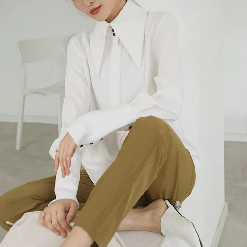 Women's Satin Button-Up Blouse - Long Sleeve Turn-Down Collar Shirt