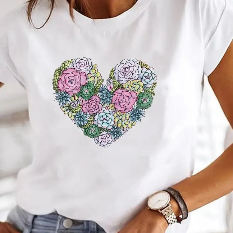 Love Heart Print Y2K Short Sleeve Tee