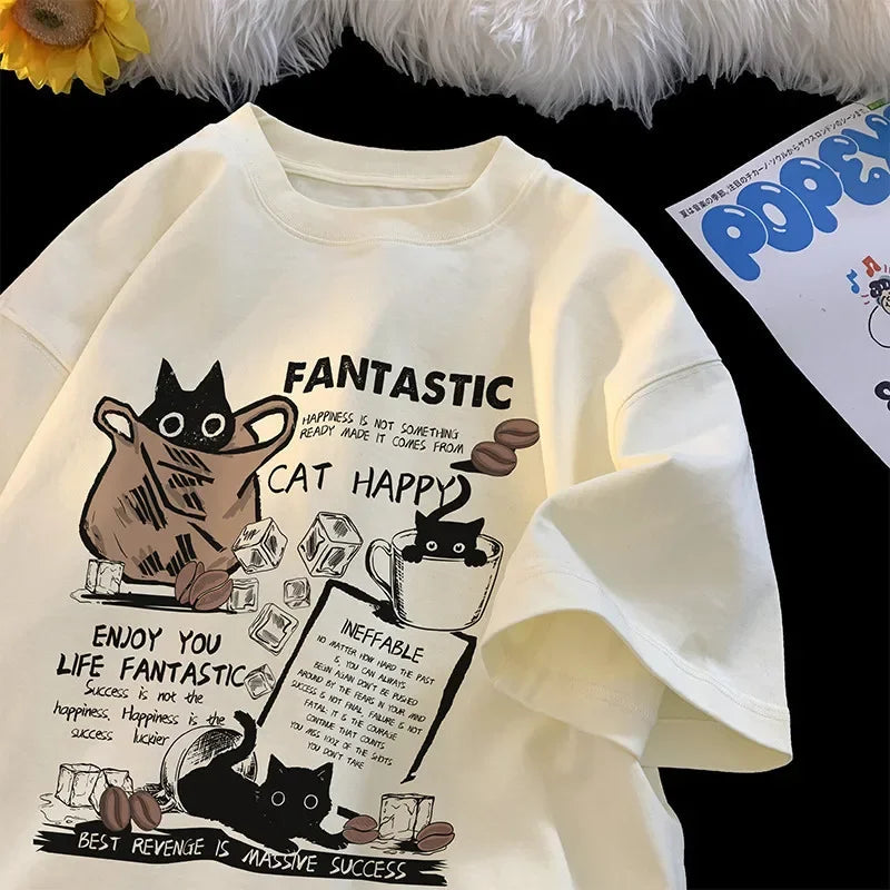 Cartoon Cat Print Oversized Unisex Tee