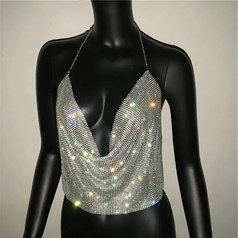 Women's Rhinestone V-Neck Backless Glitter Crop Top