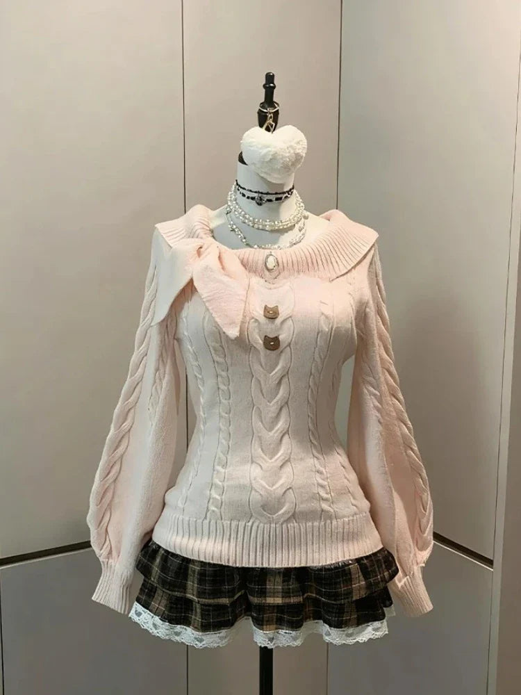 V-Neck Lace Knit Sweater Long Sleeve Loose Fit Pullover with Bow Detail