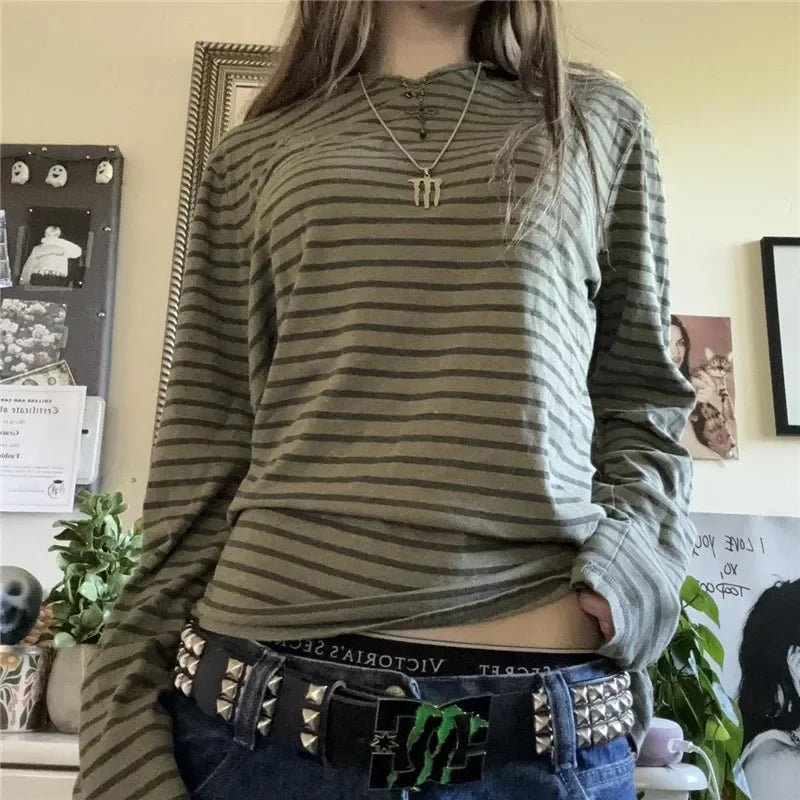 Striped Long Sleeve T-Shirt Women V-Neck Baggy Top