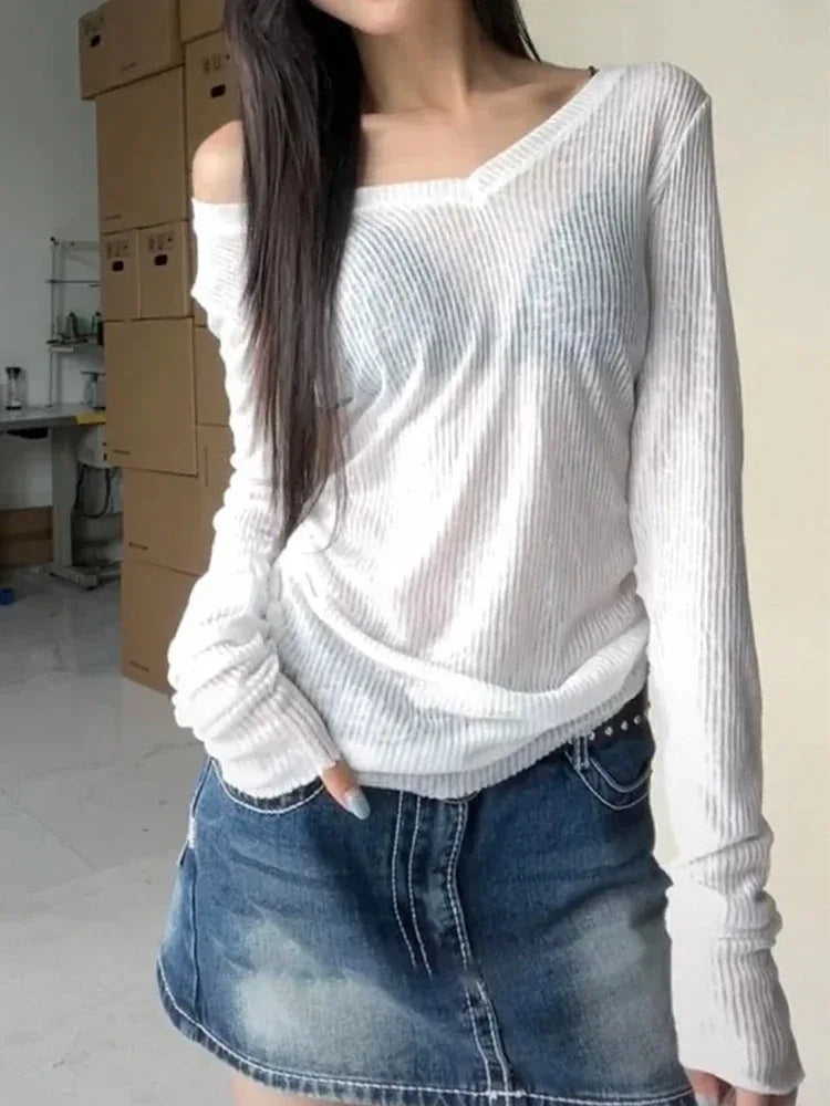 Sheer Slim Fit Long Sleeve T-Shirt | Y2K Streetwear Women's Basic Tee