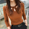Round Neck Cut-Out Knit Sweater Long Sleeve Slim Fit Pullover