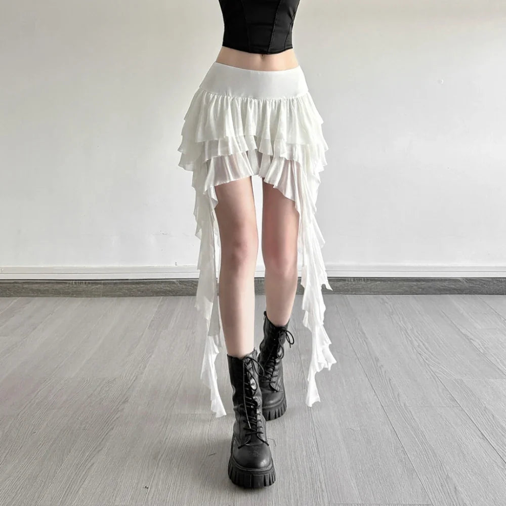 SylCue Ruched Elegant Mini Skirts Women Y2K Sweet Style Elastic Waist Ruffles Tassel Street Fashion Trend Solid Classic Outfits