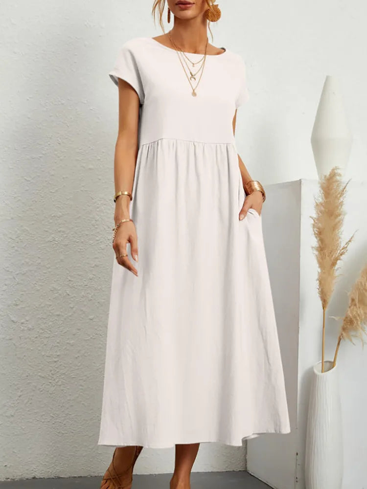 Cotton Linen Short Sleeve Shirred Loose Maxi Sundress