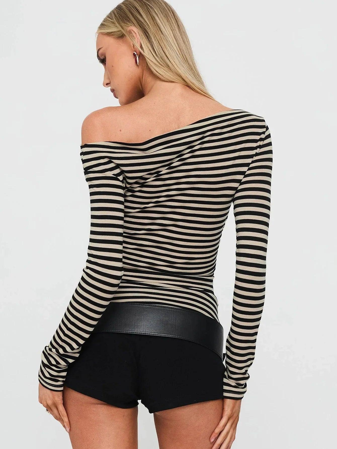Striped Off Shoulder T-Shirt Women Long Sleeve Slim Fit Top