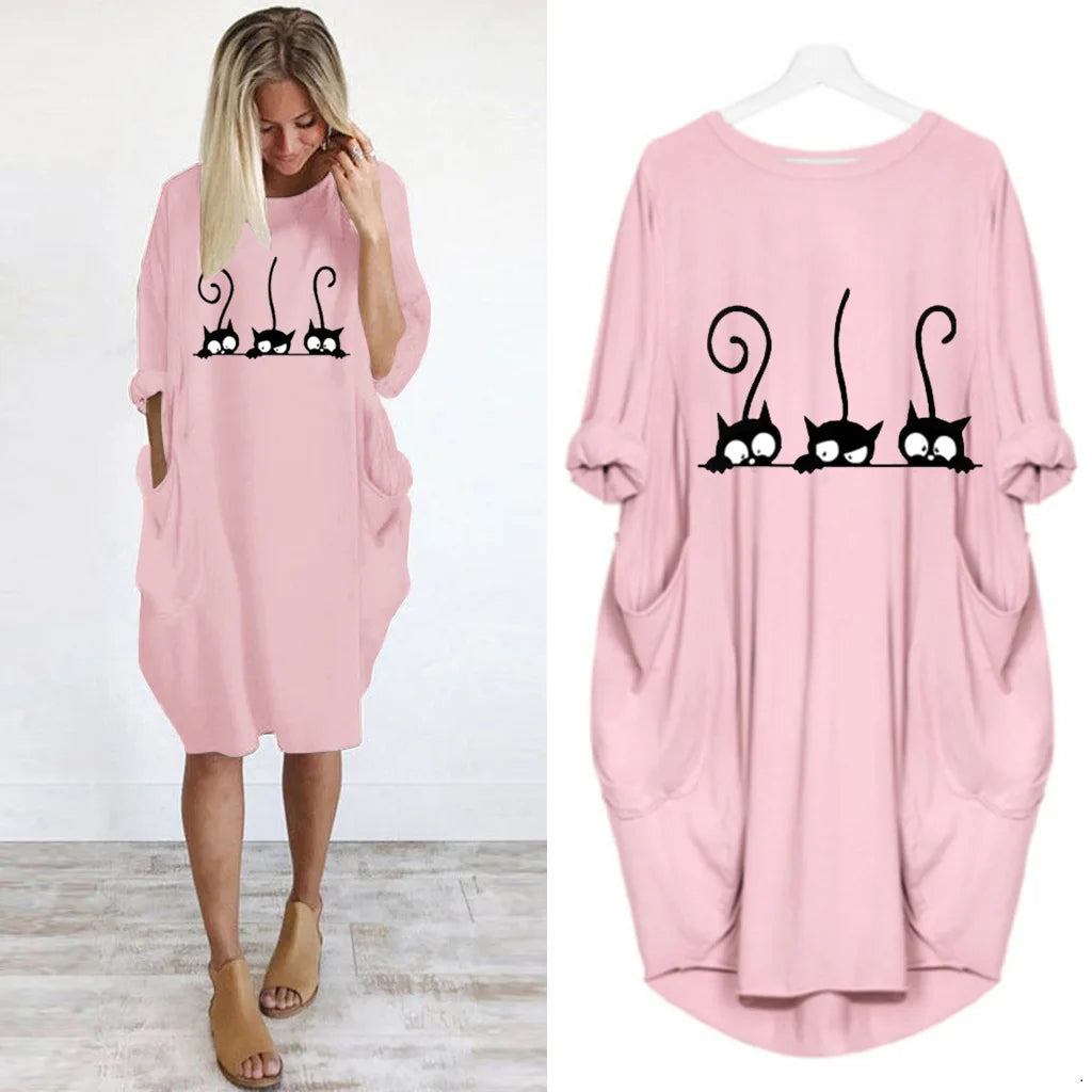 Plus Size Loose Pullover Dress Women Long Sleeve Round Neck Casual Pocket