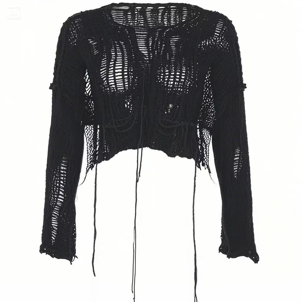 Round Neck Hollow-Out Ripped Cropped Knit Top Long Sleeve Loose Fit