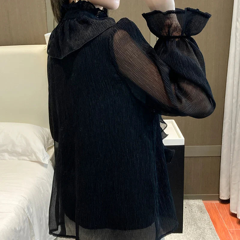 Vintage Lace Ruffle Chiffon Blouse | Women's Long Puff Sleeve Elegant Top