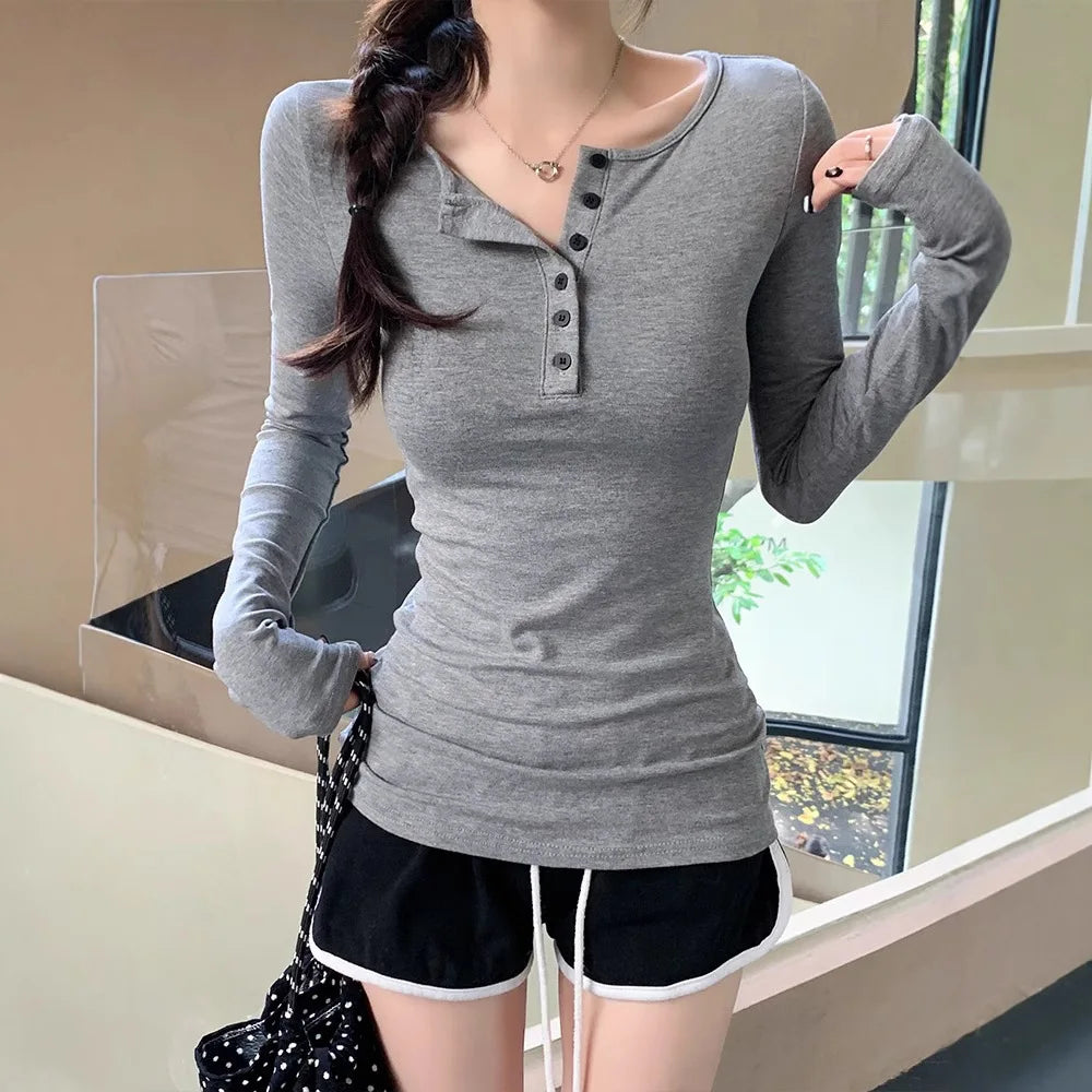Women's O-Neck Long Sleeve T-Shirt Slim Fit Solid Color Casual Top