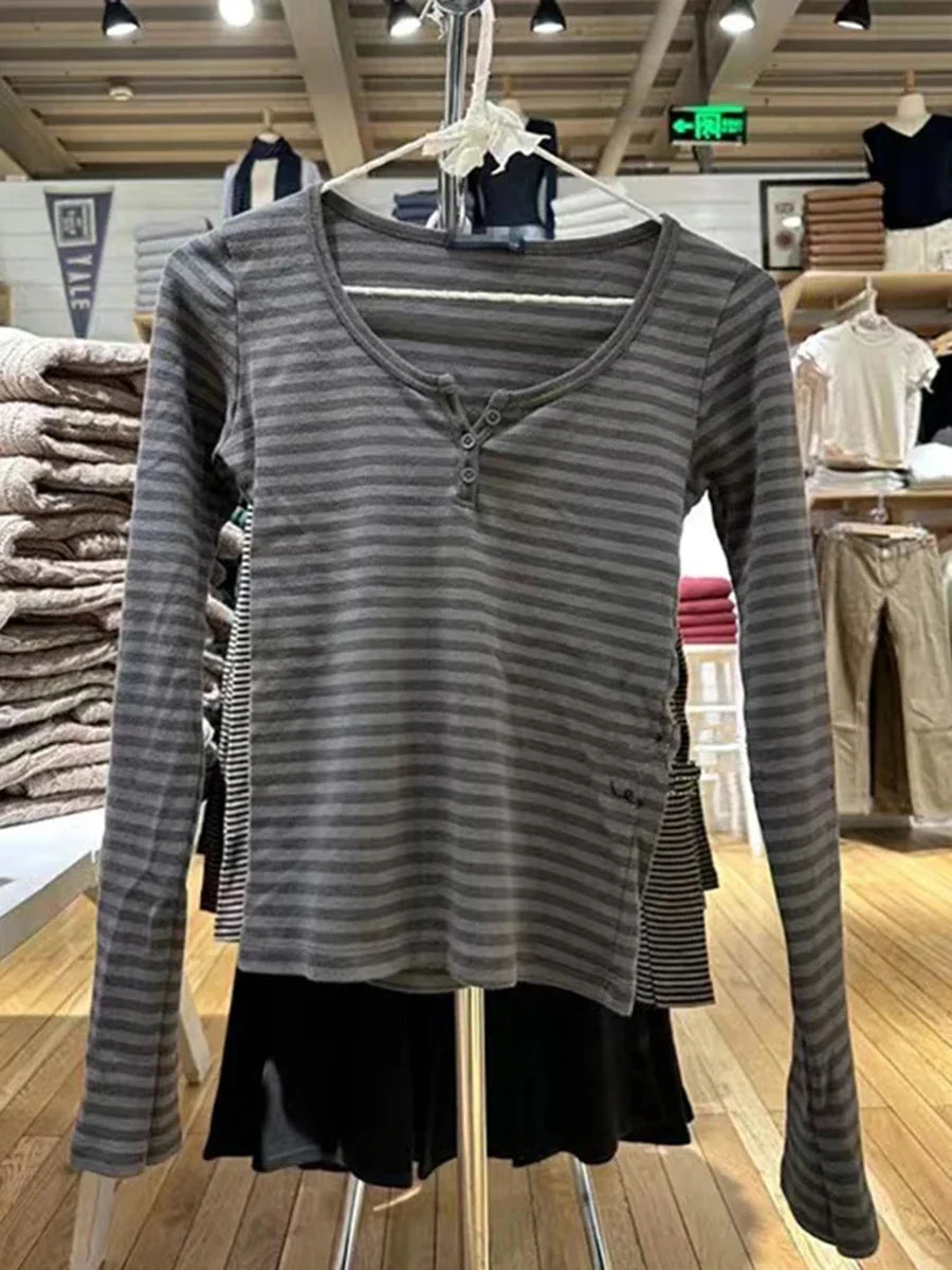 Sweet Pink Striped Long Sleeve T-shirt Woman Spring New Y2K O-Neck Cotton Slim Tshirts Tops Female Cute Preppy Style Tee Shirts