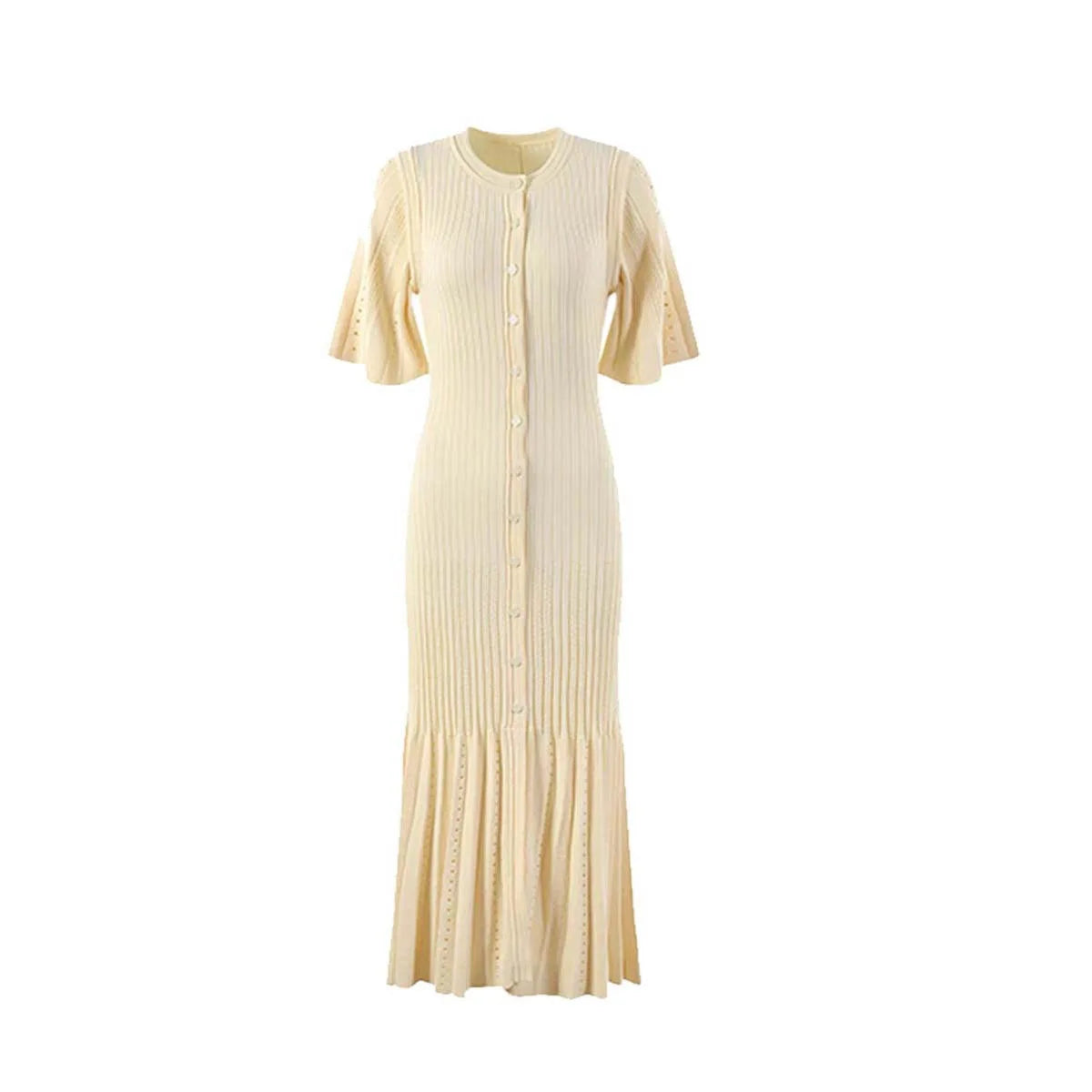 Knitted Mermaid Midi Dress Round Neck Hollow Slimming Fishtail