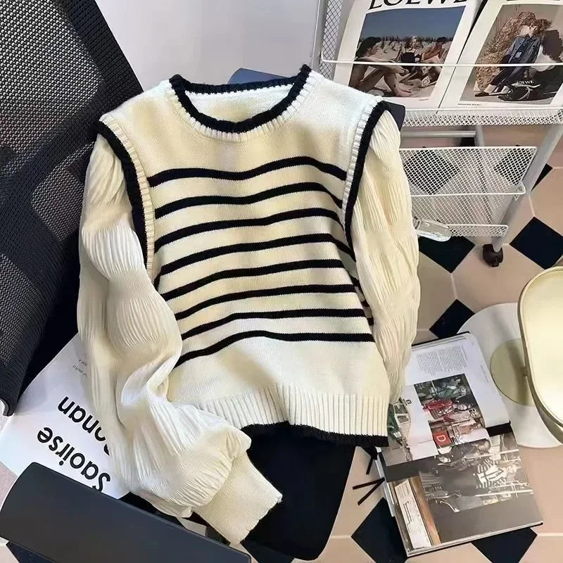Striped Layered Knit Sweater Long Sleeve Loose Fit Pullover