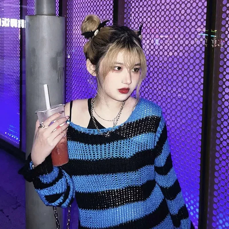 Round Neck Striped Ripped Knit Sweater Long Sleeve Loose Fit Pullover