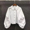 Vintage Peter Pan Collar Blouse Women Puff Sleeve White Shirt Korean Fashion