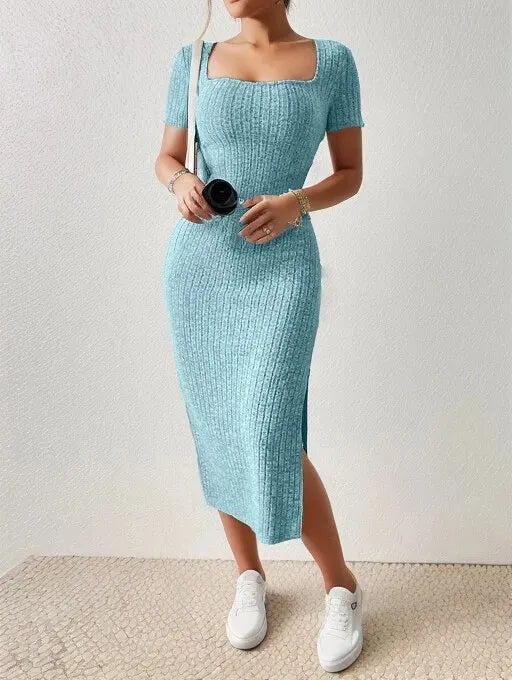 Square Neck Knitted Slit Dress Mid-Calf Sleeveless Hip-Hugging