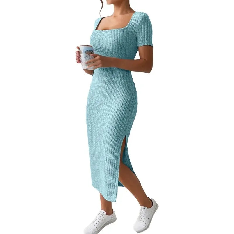Square Neck Knitted Slit Dress Mid-Calf Sleeveless Hip-Hugging