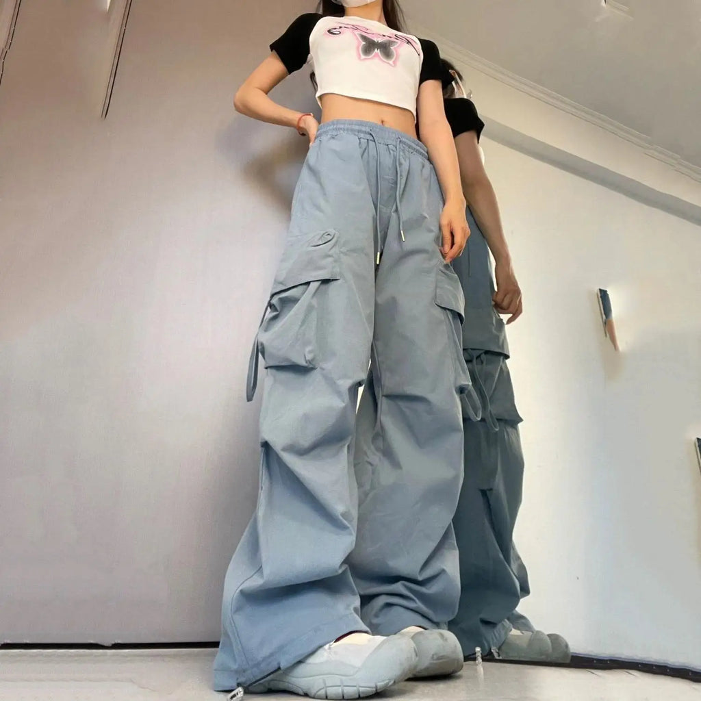 Mid Waist Cargo Pants Loose Fit Big Pockets Elastic Waist Ankle Length