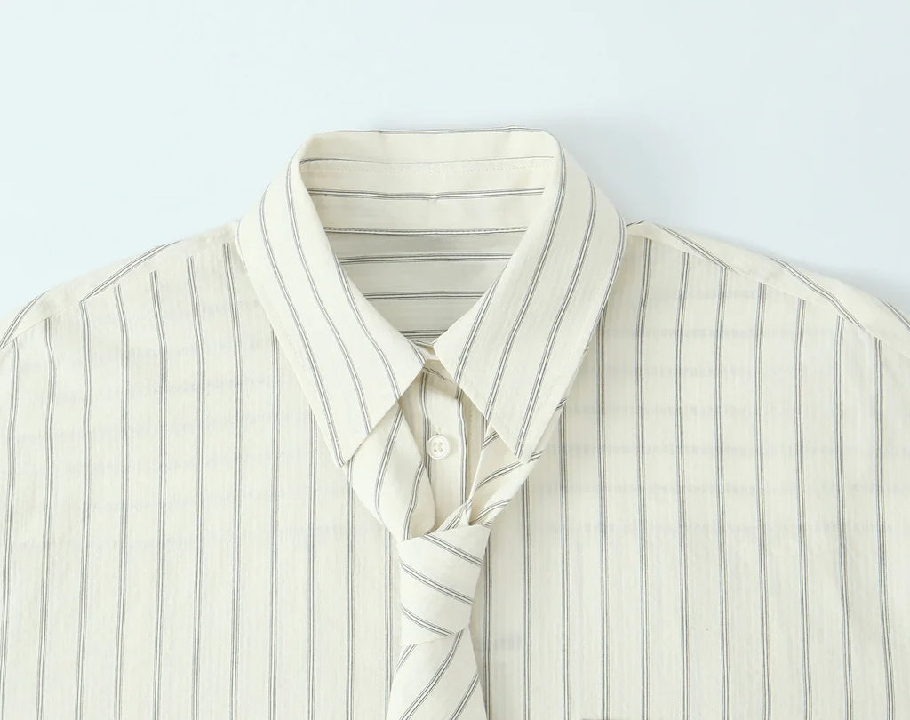 Striped Tie Lapel Long Sleeve Shirt | Women's Casual Loose Versatile Top