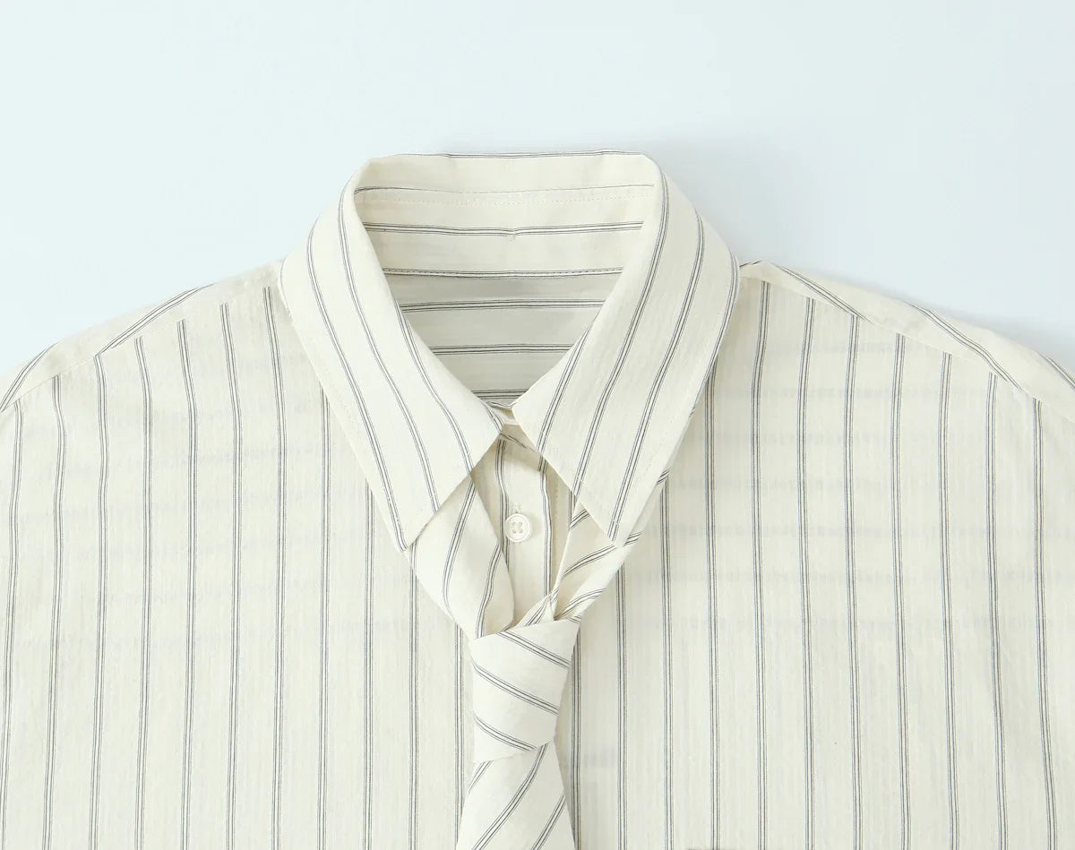 Striped Tie Lapel Long Sleeve Shirt | Women's Casual Loose Versatile Top