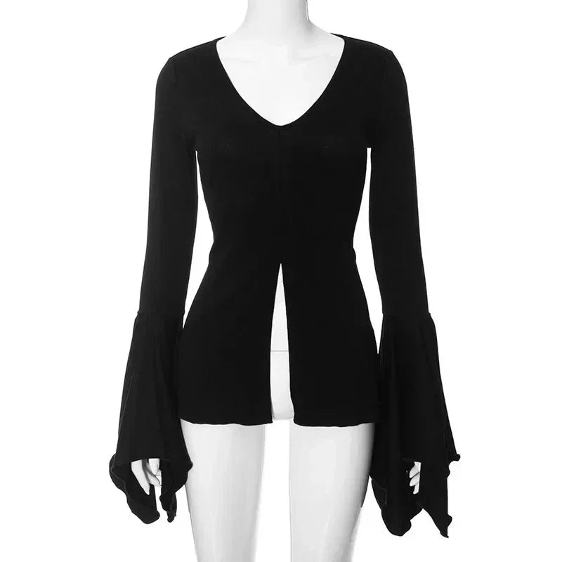 Goth Dark Fairy Grunge Long Flare Sleeve V-Neck Split Lettuce Ruffles Hem Slim Fit Blouse Y2K Alt