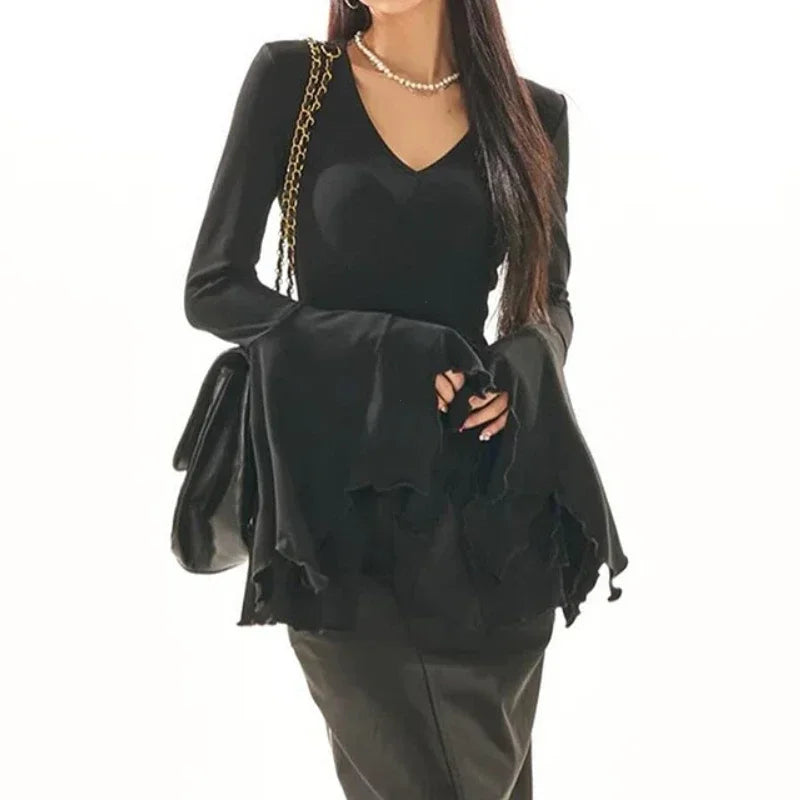 Goth Dark Fairy Grunge Long Flare Sleeve V-Neck Split Lettuce Ruffles Hem Slim Fit Blouse Y2K Alt