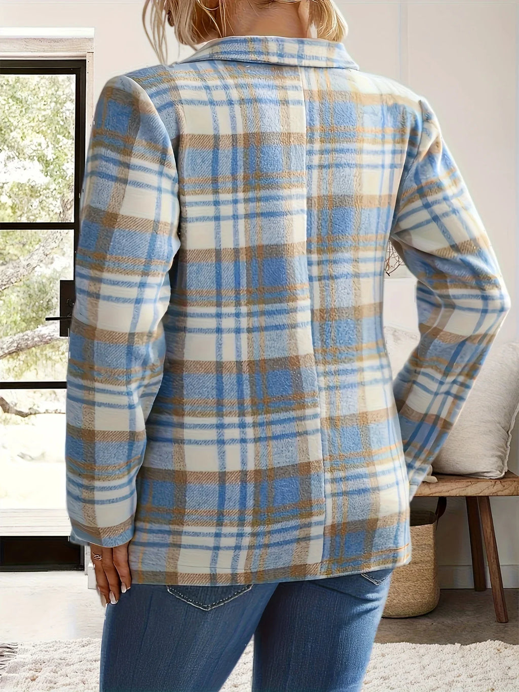 Women's Blazer - Plus Size Plaid Tailored Collar Jacket